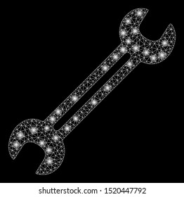 Glowing mesh wrench with glow effect. Abstract illuminated model of wrench icon. Shiny wire carcass polygonal mesh wrench. Vector abstraction on a black background.