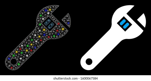 Glowing mesh wrench icon with glare effect. Abstract illuminated model of wrench. Shiny wire carcass polygonal mesh wrench icon. Vector abstraction on a black background.