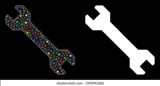 Glowing mesh wrench icon with lightspot effect. Abstract illuminated model of wrench. Shiny wire frame triangular mesh wrench icon. Vector abstraction on a black background.