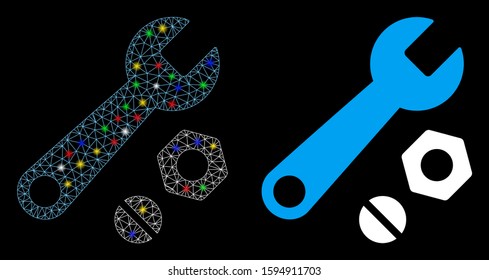 Glowing mesh wrench and nuts icon with lightspot effect. Abstract illuminated model of wrench and nuts. Shiny wire carcass triangular mesh wrench and nuts icon.
