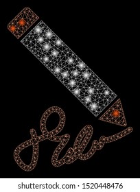 Glowing mesh writing pencil with glare effect. Abstract illuminated model of writing pencil icon. Shiny wire carcass triangular mesh writing pencil. Vector abstraction on a black background.