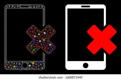 Glowing mesh wrong smartphone icon with glitter effect. Abstract illuminated model of wrong smartphone. Shiny wire carcass triangular mesh wrong smartphone icon.