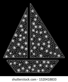 Glowing mesh yacht with sparkle effect. Abstract illuminated model of yacht icon. Shiny wire carcass triangular mesh yacht. Vector abstraction on a black background.