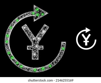 Glowing mesh yen repay with light spots. Wire carcass flat network generated with crossed white lines and yen repay icon. White mesh and sparkle carcass mesh yen repay on a black background.
