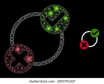 Glühendes Mesh ja keine Varianten Web-Symbol mit leuchtenden Flecken. Leuchtendes Modell erstellt mit ja no variants Vektorsymbol. Illuminiertes Rahmen Web polygonal ja keine Varianten, auf schwarzem Hintergrund.