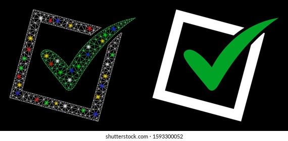 Glowing mesh yes poll icon with lightspot effect. Abstract illuminated model of yes poll. Shiny wire frame triangular mesh yes poll icon. Vector abstraction on a black background.