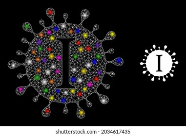 Glowing mesh Yota coronavirus glare icon with lightspots. Illuminated vector constellation is created from Yota coronavirus icon. Sparkle carcass mesh Yota coronavirus on a black background.