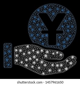 Glowing mesh yuan coin payment hand with glare effect. Abstract illuminated model of yuan coin payment hand icon. Shiny wire carcass polygonal mesh yuan coin payment hand.
