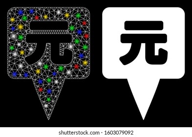 Glowing mesh yuan map pointer icon with glitter effect. Abstract illuminated model of yuan map pointer. Shiny wire carcass triangular mesh yuan map pointer icon.