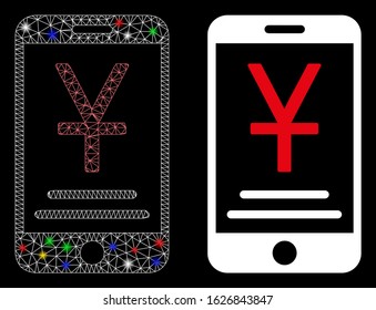 Glowing mesh yuan mobile payment icon with lightspot effect. Abstract illuminated model of yuan mobile payment. Shiny wire frame polygonal mesh yuan mobile payment icon.
