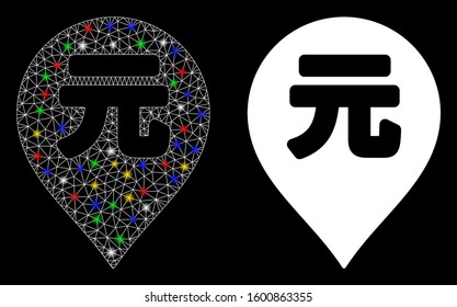 Glowing mesh Yuan Renminbi marker icon with glitter effect. Abstract illuminated model of Yuan Renminbi marker. Shiny wire carcass polygonal network Yuan Renminbi marker icon.