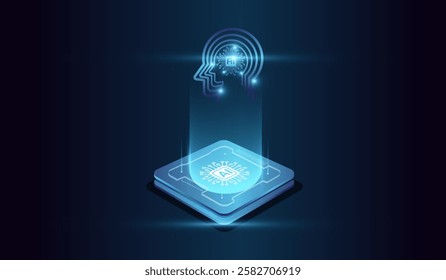 The glowing microchip at the base emitting a holographic human head of artificial intelligence. microchip and digital head of system at the center represents computational power