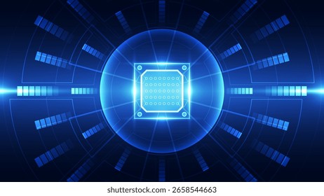 Um microchip brilhante no centro de uma interface circular de alta tecnologia, simbolizando computação avançada, IA, tecnologia digital e inovações futuras em engenharia eletrônica.