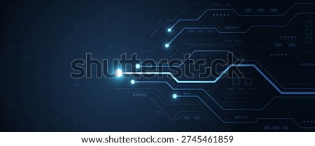 Glowing microchip lines and interconnected semiconductor nodes form network pathways across a dark surface featuring hexagonal patterns and electronic circuitry