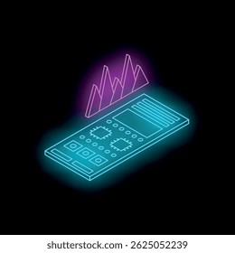 Glowing mobile phone with microchips and increasing chart symbolizes technological advancement and data analysis in business