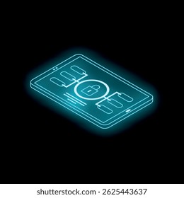 Glowing mobile security system protecting data with isometric padlock icon on dark background