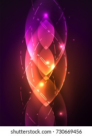 Formas geométricas modernas brillantes en el espacio oscuro. Fondo abstracto digital vectorial