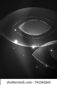 Glowing modern geometric shapes in dark space. Vector digital abstract background