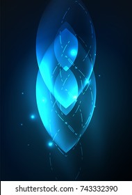 Formas geométricas modernas brillantes en el espacio oscuro. Fondo abstracto digital vectorial