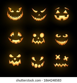 Glowing monster faces isolated vector icons, Halloween horror emoticons. Scary emojis of angry zombie, devil and demon, ghost and alien, spooky creatures with evil eyes, teeth and creepy smiles set