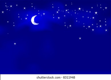 A glowing moon in a deep blue sky background for dreamers and stargazers.The Moon Light vector in in easy edit layers and AI-EPS8 format.