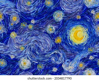 Glowing moon on a blue sky abstract background. Seamless vector pattern in the style of impressionist paintings.