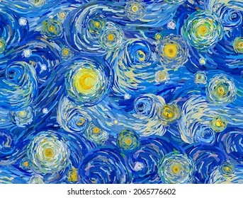 Glowing moon on a blue sky abstract background. Seamless vector pattern in the style of impressionist paintings.