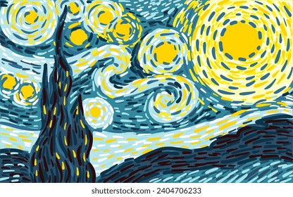 Glowing moon on a blue sky abstract background. hand drawing. Not AI. vector pattern in the style of impressionist paintings.