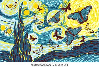 Glowing moon on a blue sky abstract background with butterflies. hand drawing. Not AI. vector pattern in the style of impressionist paintings.