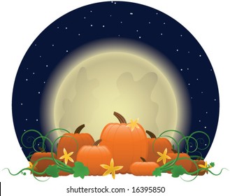 Glowing moon rising over a patch of bright orange pumpkins, ready for picking.