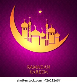 Glowing mosque, moon and star on a purple background. Ramadan Kareem. Vector illustration.