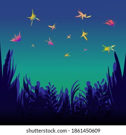 glowing moths on the silhouette of a dark grass.