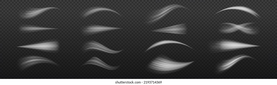 Línea de movimiento brillante. Ondas blancas dinámicas. Líneas de velocidad luminosas. Efecto espumoso claro. Rayos voladores mágicos de brillo, partículas brillantes de brillo vuelan. Ilustración vectorial.