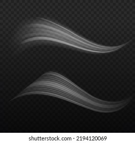 Glowing motion line. Dynamic white waves. Luminous lines of speed. Light sparkling effect. Magic speed flying trails of shine, bright shimmer particles fly. Vector illustration.