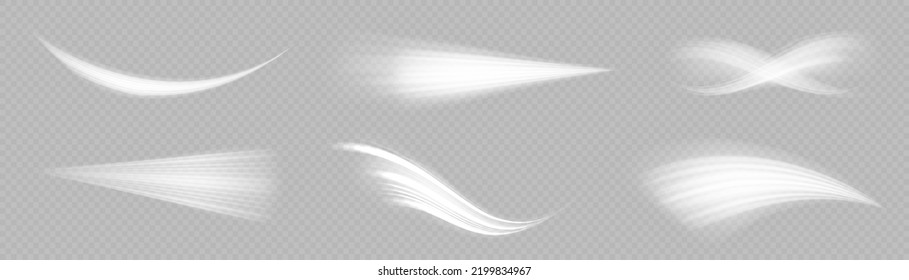 Glowing motion line. Light sparkling effect. Luminous lines of speed. Magic speed flying trails of shine, bright shimmer particles fly. Dynamic white waves. Vector illustration.