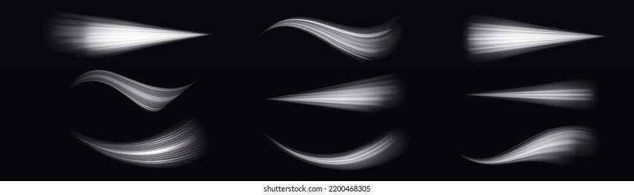 Glowing motion line. Light sparkling effect. Luminous lines of speed. Dynamic white waves. Magic speed flying trails of shine, bright shimmer particles fly. Vector illustration.