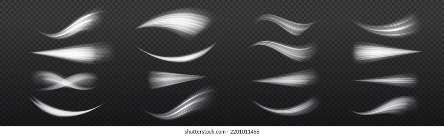 Glowing motion line. Light sparkling effect. Dynamic white waves. Luminous lines of speed. Magic speed flying trails of shine, bright shimmer particles fly. Vector illustration.