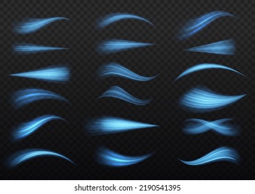Línea de movimiento brillante. Rayos voladores mágicos de brillo, partículas brillantes de brillo vuelan. Ondas azules dinámicas. Líneas de velocidad luminosas. Efecto espumoso claro. Ilustración vectorial.