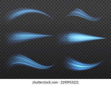 Glowing motion line. Magic speed flying trails of shine, bright shimmer particles fly. Dynamic blue waves. Luminous lines of speed. Light sparkling effect. Vector illustration.