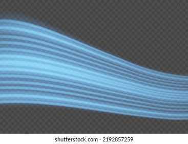 Glowing motion line. Magic speed flying trails of shine, bright shimmer particles fly. Dynamic blue waves. Luminous lines of speed. Light sparkling effect. Vector illustration.