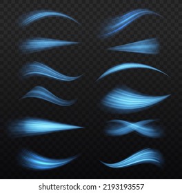 Glowing motion line. Magic speed flying trails of shine, bright shimmer particles fly. Dynamic blue waves. Luminous lines of speed. Light sparkling effect. Vector illustration.