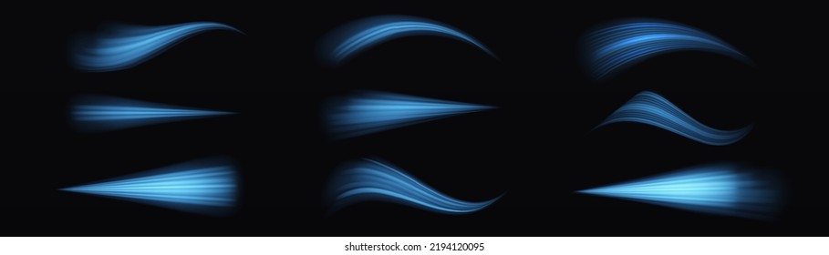 Glowing motion line. Magic speed flying trails of shine, bright shimmer particles fly. Dynamic blue waves. Luminous lines of speed. Light sparkling effect. Vector illustration.