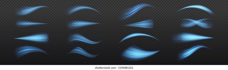 Línea de movimiento brillante. Rayos voladores mágicos de brillo, partículas brillantes de brillo vuelan. Ondas azules dinámicas. Líneas de velocidad luminosas. Efecto espumoso claro. Ilustración vectorial.