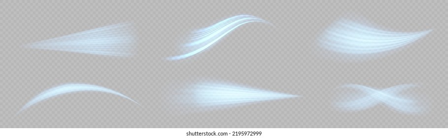 Glowing motion line. Magic speed flying trails of shine, bright shimmer particles fly. Dynamic blue waves. Luminous lines of speed. Light sparkling effect. Vector illustration.
