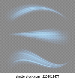 Línea de movimiento brillante. Rayos voladores mágicos de brillo, partículas brillantes de brillo vuelan. Ondas azules dinámicas. Líneas de velocidad luminosas. Efecto espumoso claro. Ilustración vectorial.