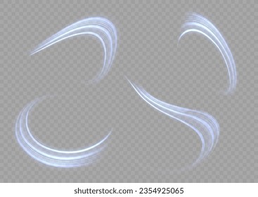 Glowing motion line. Magic speed flying trails of shine, bright shimmer particles fly. Dynamic blue waves. Luminous lines of speed. Light sparkling effect. Twist blue. Vector illustration.