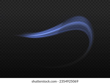Glowing motion line. Magic speed flying trails of shine, bright shimmer particles fly. Dynamic blue waves. Luminous lines of speed. Light sparkling effect. Twist blue. Vector illustration.