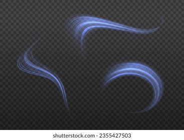Glowing motion line. Magic speed flying trails of shine, bright shimmer particles fly. Dynamic blue waves. Luminous lines of speed. Light sparkling effect. Twist blue. Vector illustration.