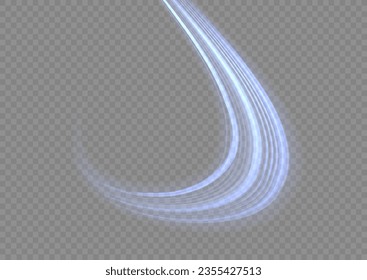 Glowing motion line. Magic speed flying trails of shine, bright shimmer particles fly. Dynamic blue waves. Luminous lines of speed. Light sparkling effect. Twist blue. Vector illustration.