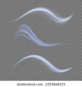 Glowing motion line. Magic speed flying trails of shine, bright shimmer particles fly. Dynamic blue waves. Luminous lines of speed. Light sparkling effect. Twist blue. Vector illustration.